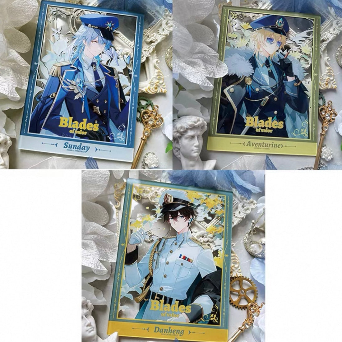 Honkai: Star Rail – Dan Heng, Sunday & Blade Fanmade Merch Set | Gold Sand-Edge Acrylic Shikishi, Ticket, Badge & Clear Card